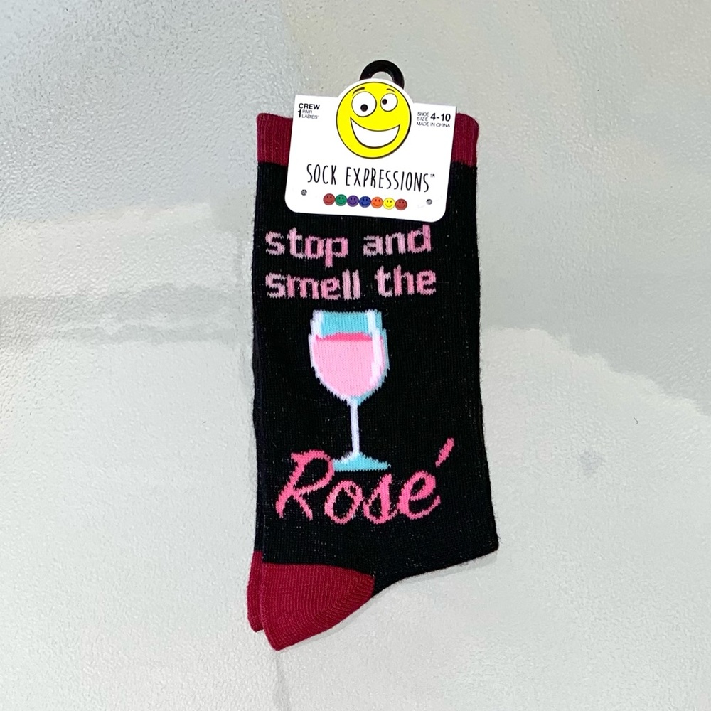 Sock Expressions Stop & Smell the Rosé Black Crew Socks, Women’s Shoe 4-10